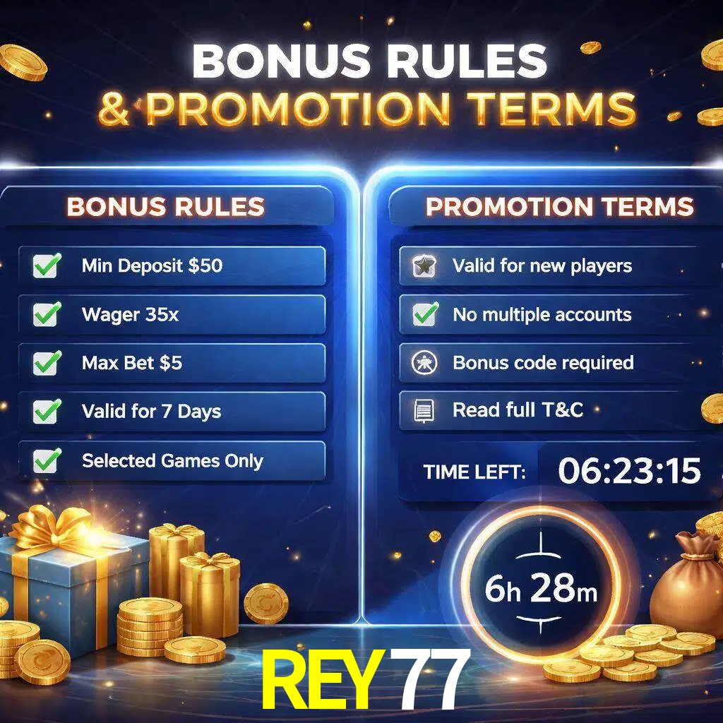 Reglas de promoción REY77 y condiciones de bonos explicadas visualmente