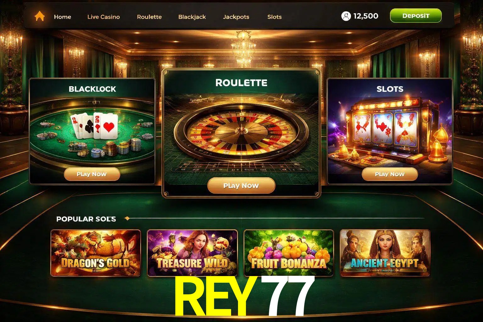 Vista de la plataforma REY77 Casino mostrando categorías organizadas de juegos en línea