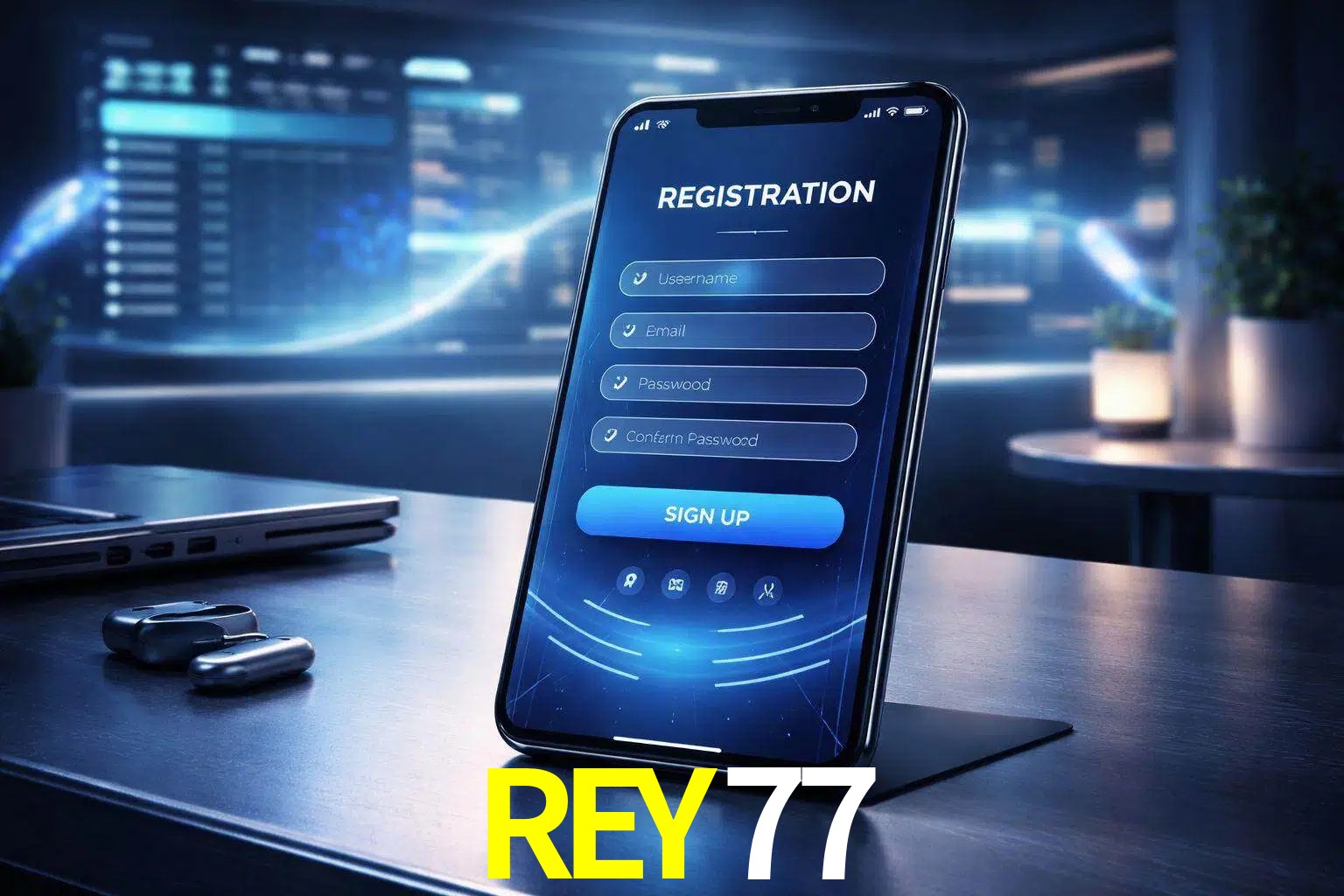 Una interfaz moderna de registro móvil para REY77 mostrada en un smartphone con un panel de apuestas elegante.
